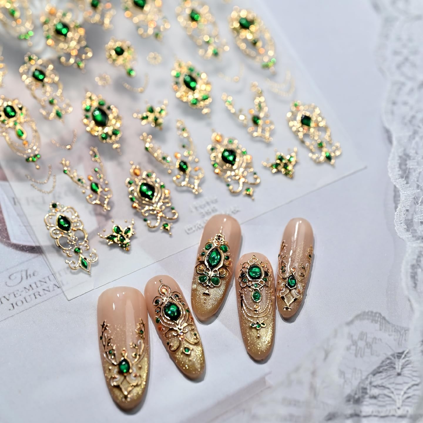 NBNTGH 5D Embossed Gemstone Nail Stickers Gold Art Green Mace