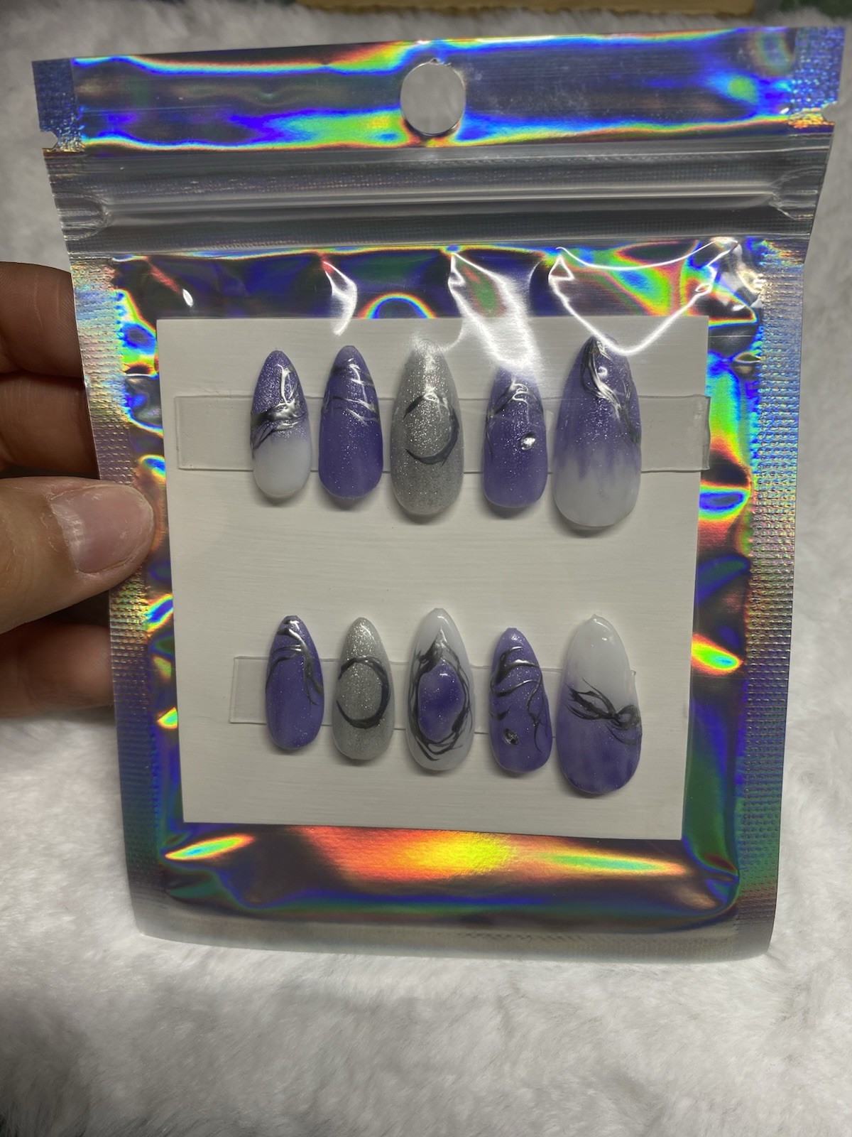 Handmade Long Almond Press-On Nails Purple Silver White Glitter Abstract Set