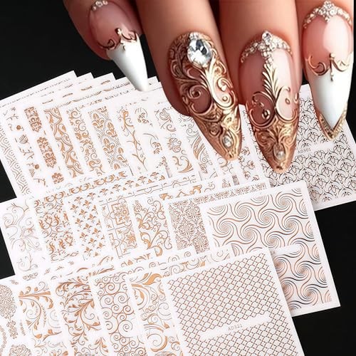 30 Sheets Nail Art Sticker 3D Self-Adhesive Hollow Rose Golden Lace Lace Flower