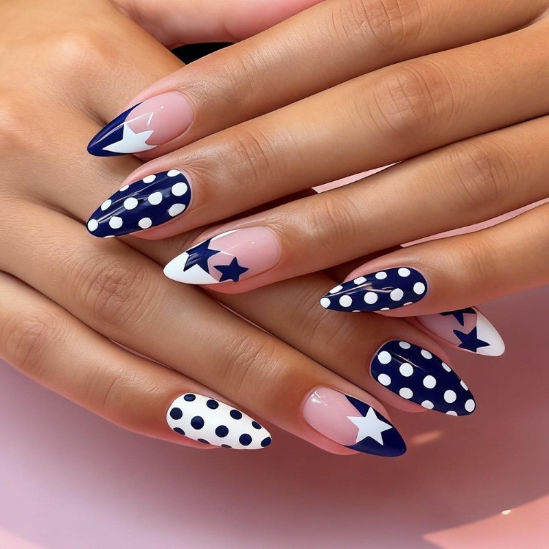 48Pcs-Long Almond Navy Blue White Polka Dot Star Nude Press on Fake Nails