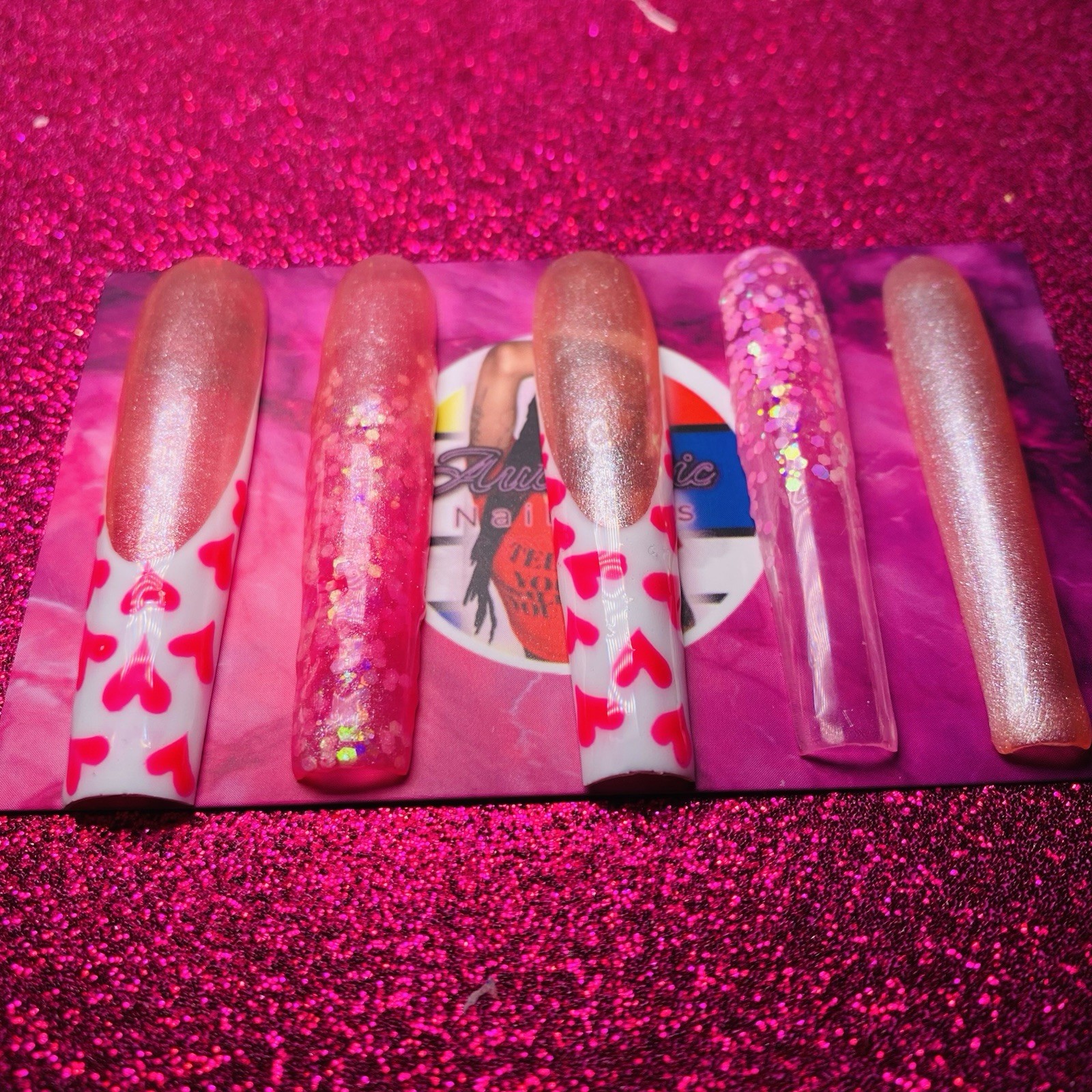 Authentic Nail Arts by Dia Square Press-On Nails Long Pink Hearts Glitter