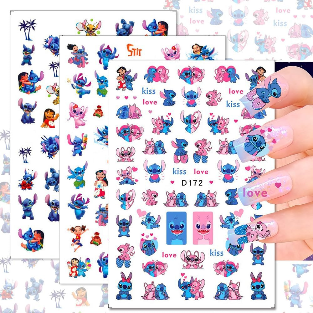 12 Sheets Blue Monster Nail Stickers Decals 3D Cartoon Pink Blue Animal Self Adh