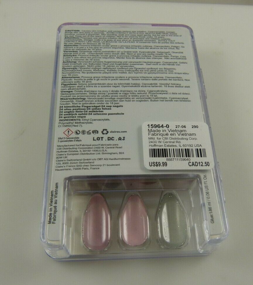 Claire’s faux nails glitter pink silver with glue elegant great for holidays