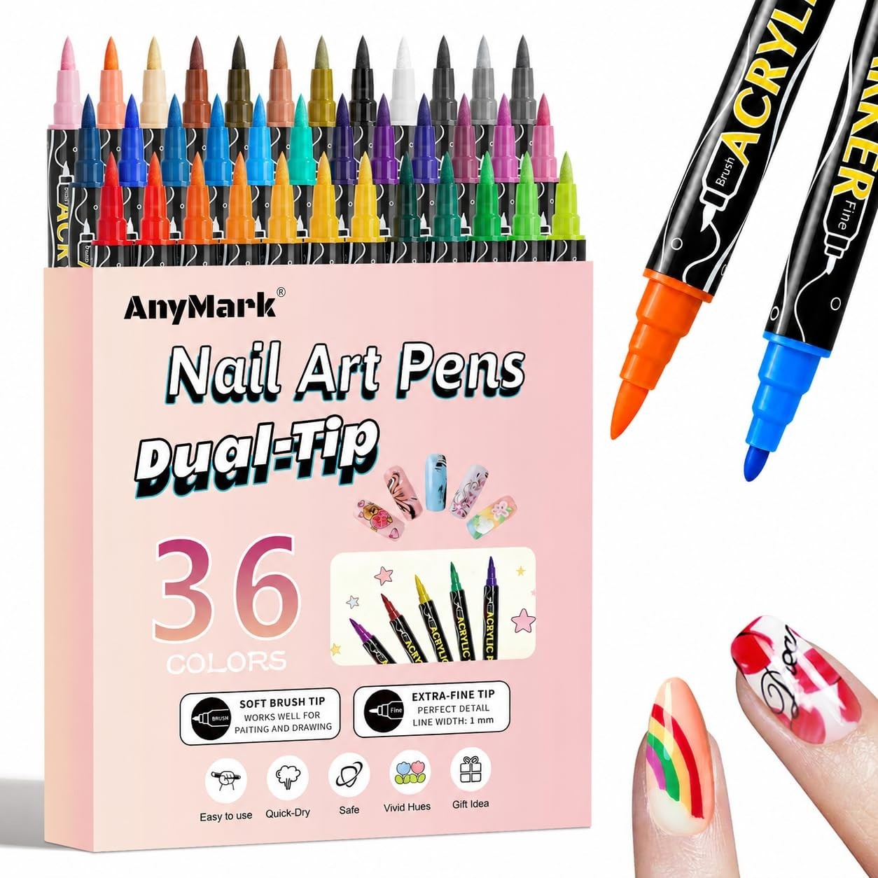 36 Colors Nail Art Pens Set – Dual Tip Quick-Dry Acrylic Paint Markers for DIY 3