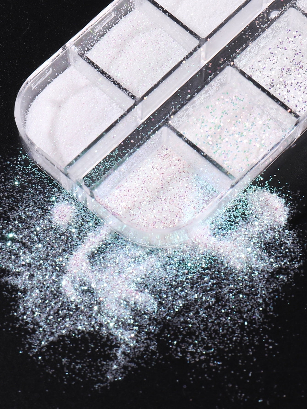 =Sugar Nail Glitter Powder, 12 Grids Iridescent Sandy White Color Nail Glitter