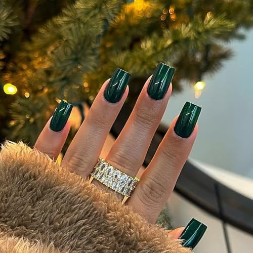 Dark Green Nails Press ons, Press on Nails Medium Square Glue on glossy green
