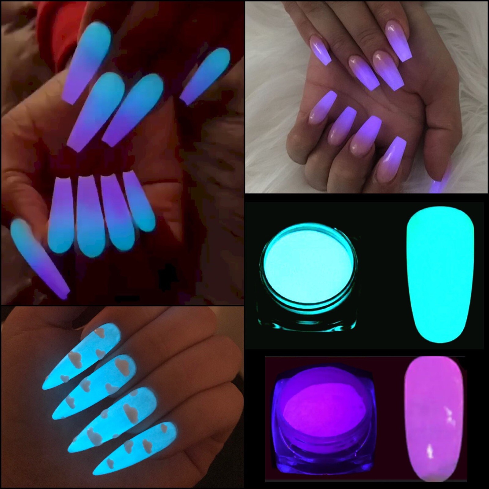 2 Pots Phosphor Nail Glow in the Dark Neon Powder Luminous Pigment Fluorescent