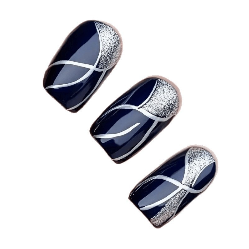 48 Pcs of Blue Silver Gray Blue Sparkling Fake Nails, Suitable for Women’s Nail