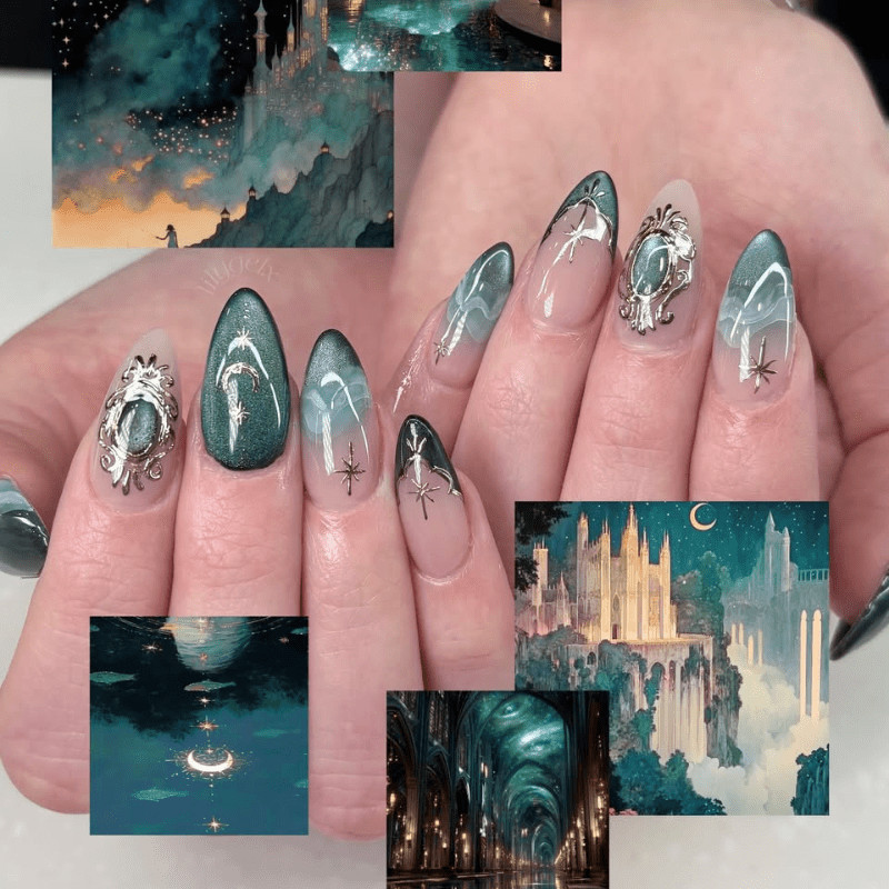 48pcs-Green Press on Nails Nude Almond Cat Eye Moon Star Ornate Rhinestones