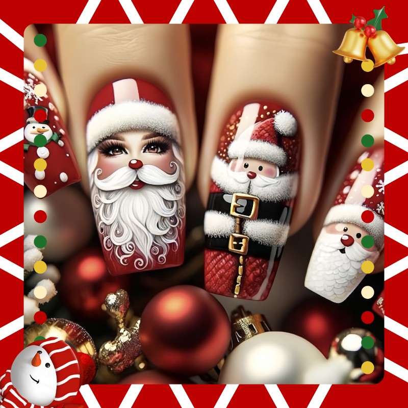 48P Long Coffin Press on Nails, Vintage Red 3D Santa Snowman Fake Nails