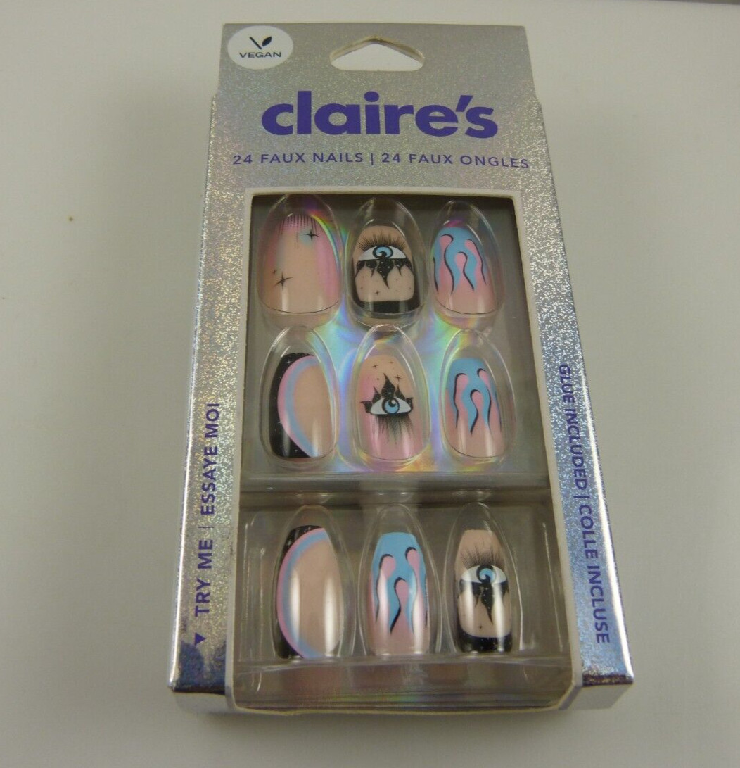 Claire’s faux false nails halloween goth evil eye flames pink blue black