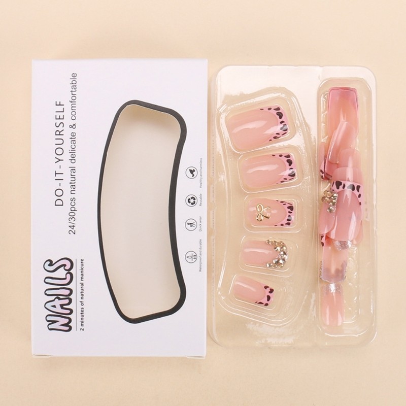 24 Pieces French Tip Nail Press On Nail Short Square False Nail With Rhinestones
