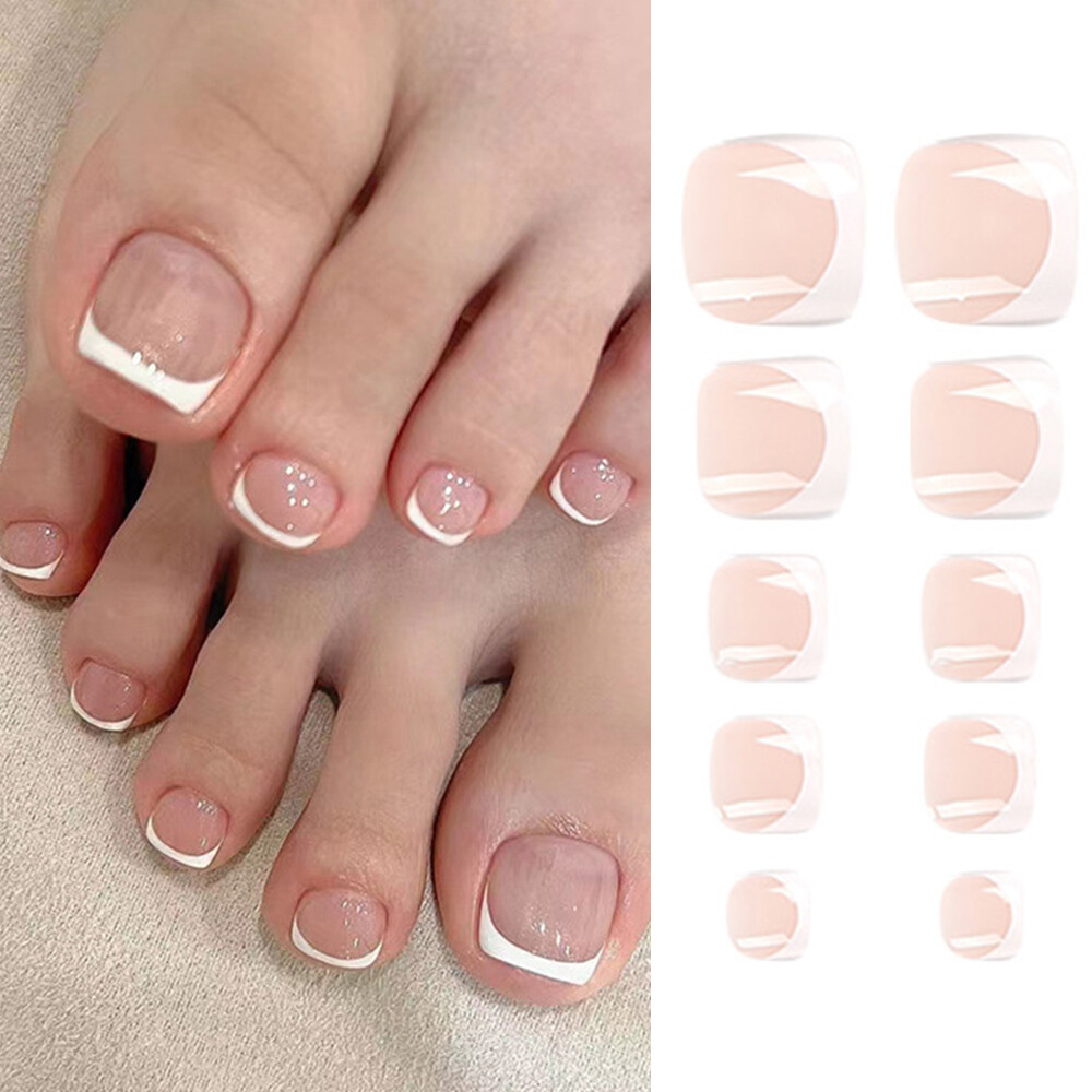 24x False Toenails French Manicure Fake Press On Full Cover Toe Nail With 1 Glue