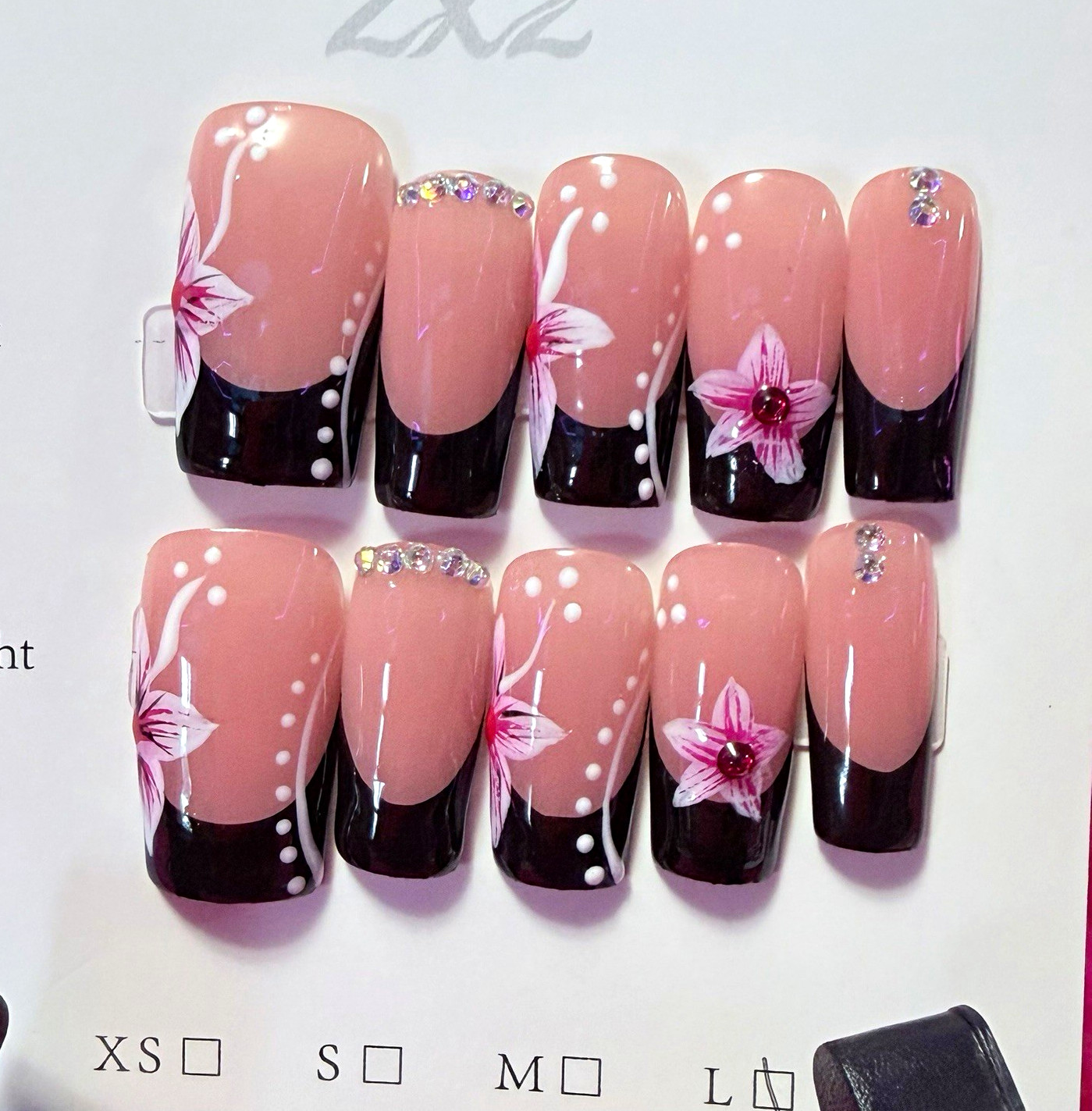 Pink/Black/White Shiny Floral Square Press-On Nails, Long, Full Cover
