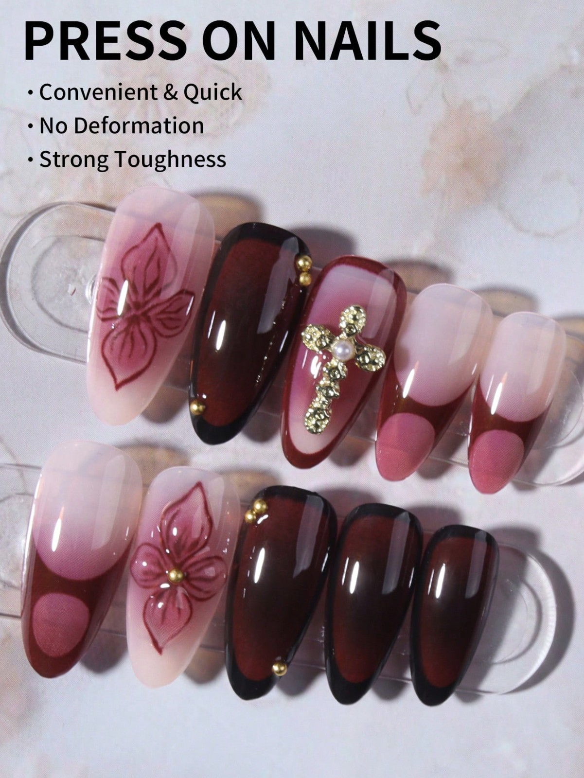 Burgundy 3D Flower Press On Nails, Almond Fake Nails with Charms