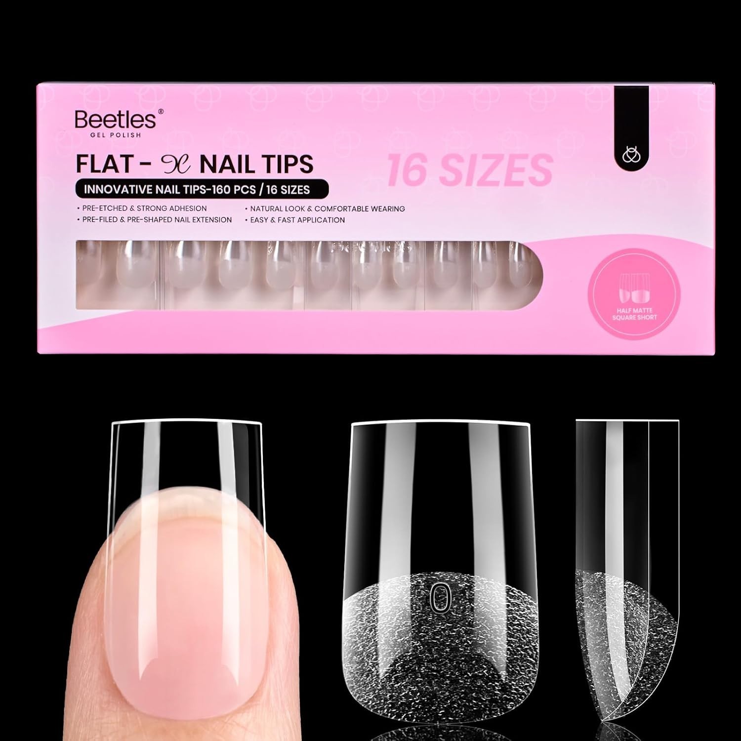 Beetles Gel Nail Tips Flat-X – Square Short, 160pcs 16 Sizes, Pre-Etched Half…