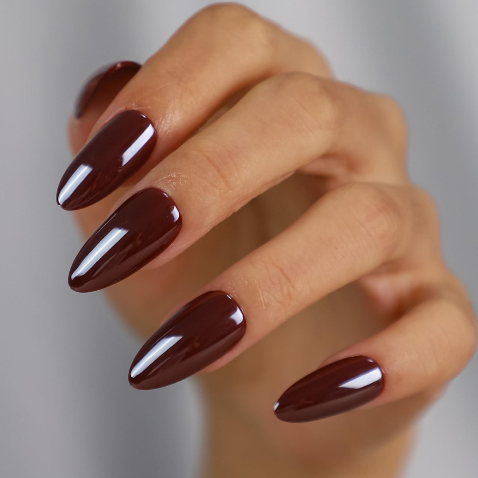 Chrome Burgundy Red Almond Medium Press On Nails 30pcs Glossy with Glue