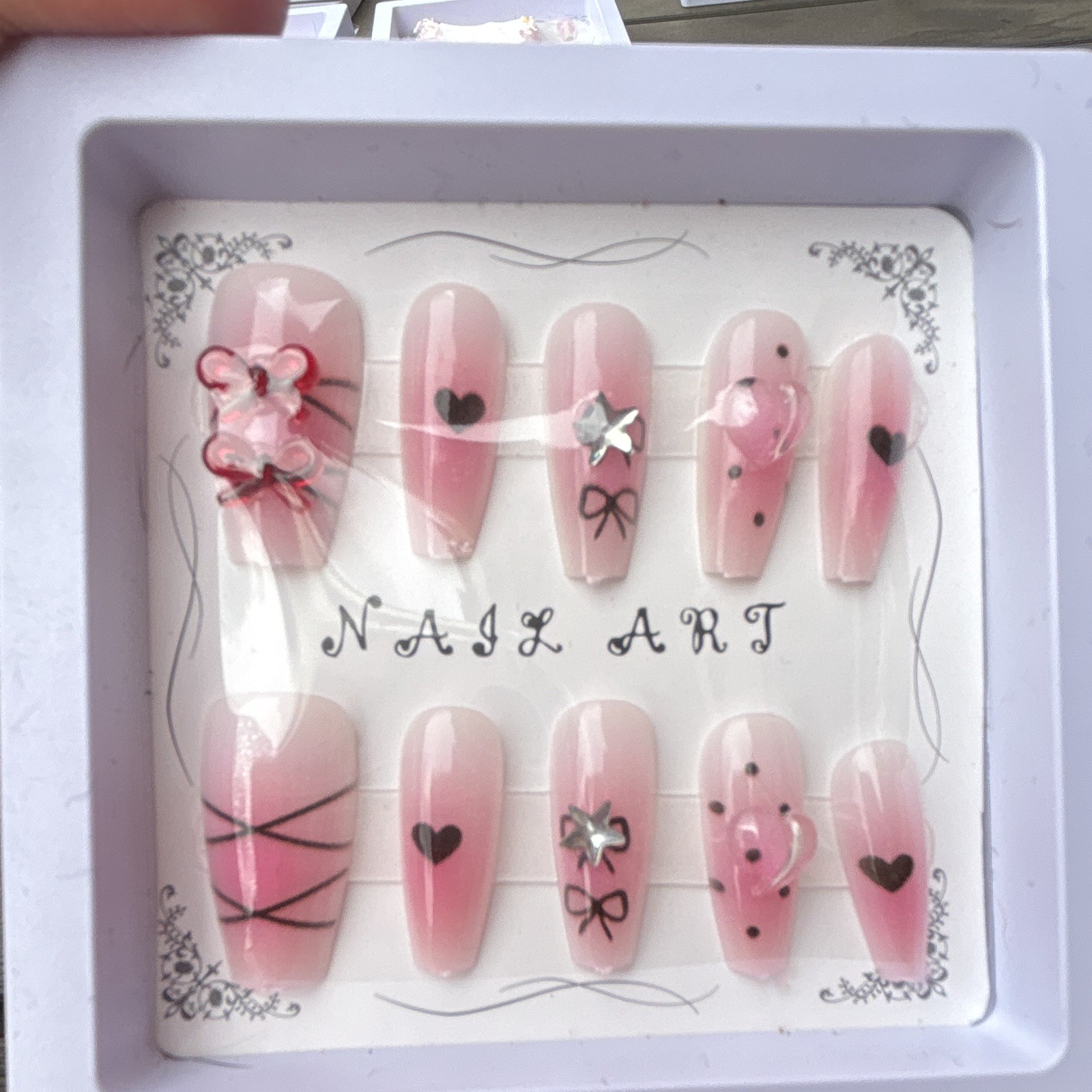 Pink/Black Press-On Nails 3D Heart Full Cover Pre-Designed Long Coffin