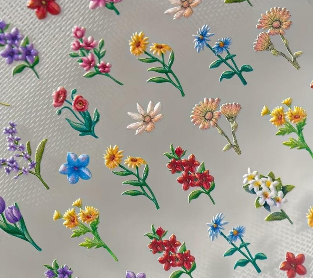 3D Floral Multicolor Nail Art Transfer Stickers Flowers Artistic Embossed Raised