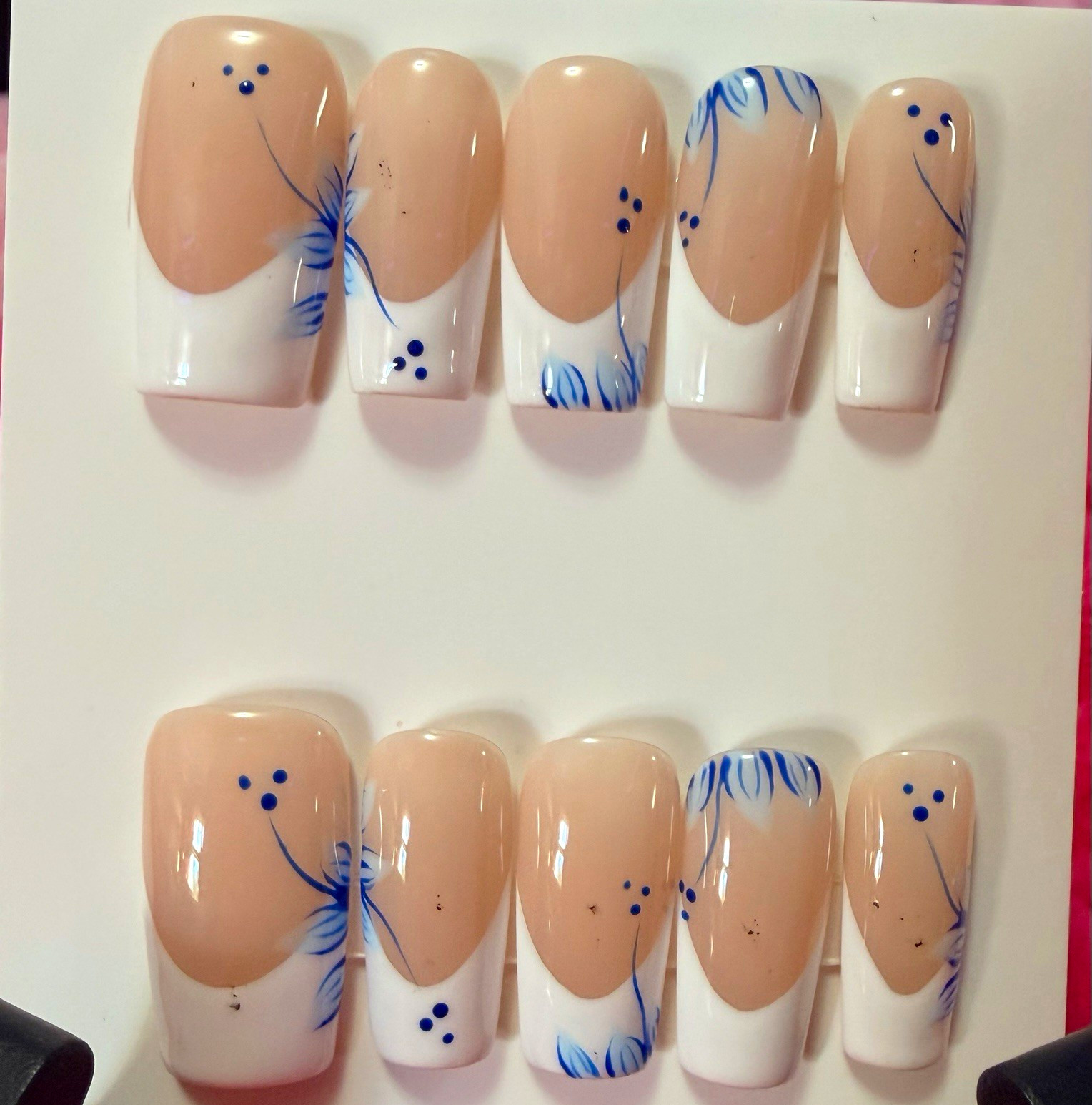 Nude/White/Blue Floral French Tip Square Press-On Nails Set, Short Shiny