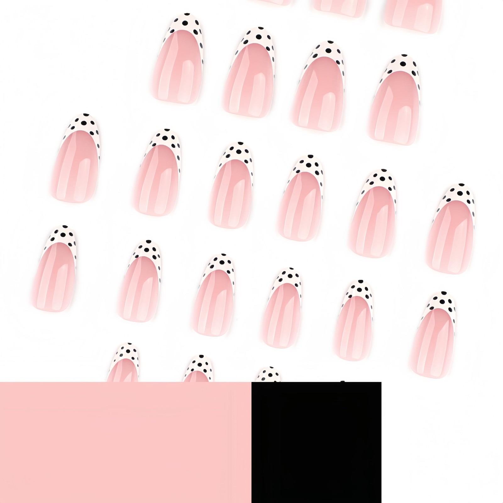 Press On Nails Almond Medium Nude Pink French Tips with Black Polka Dot Desig…