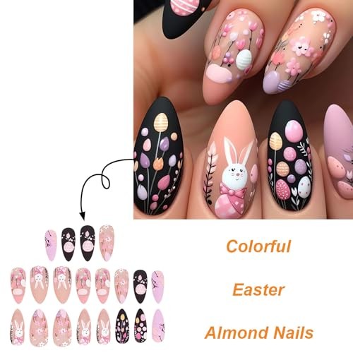 Pink Easter Press on Nails Almond Fake Nails Matte Spring False Nails style16