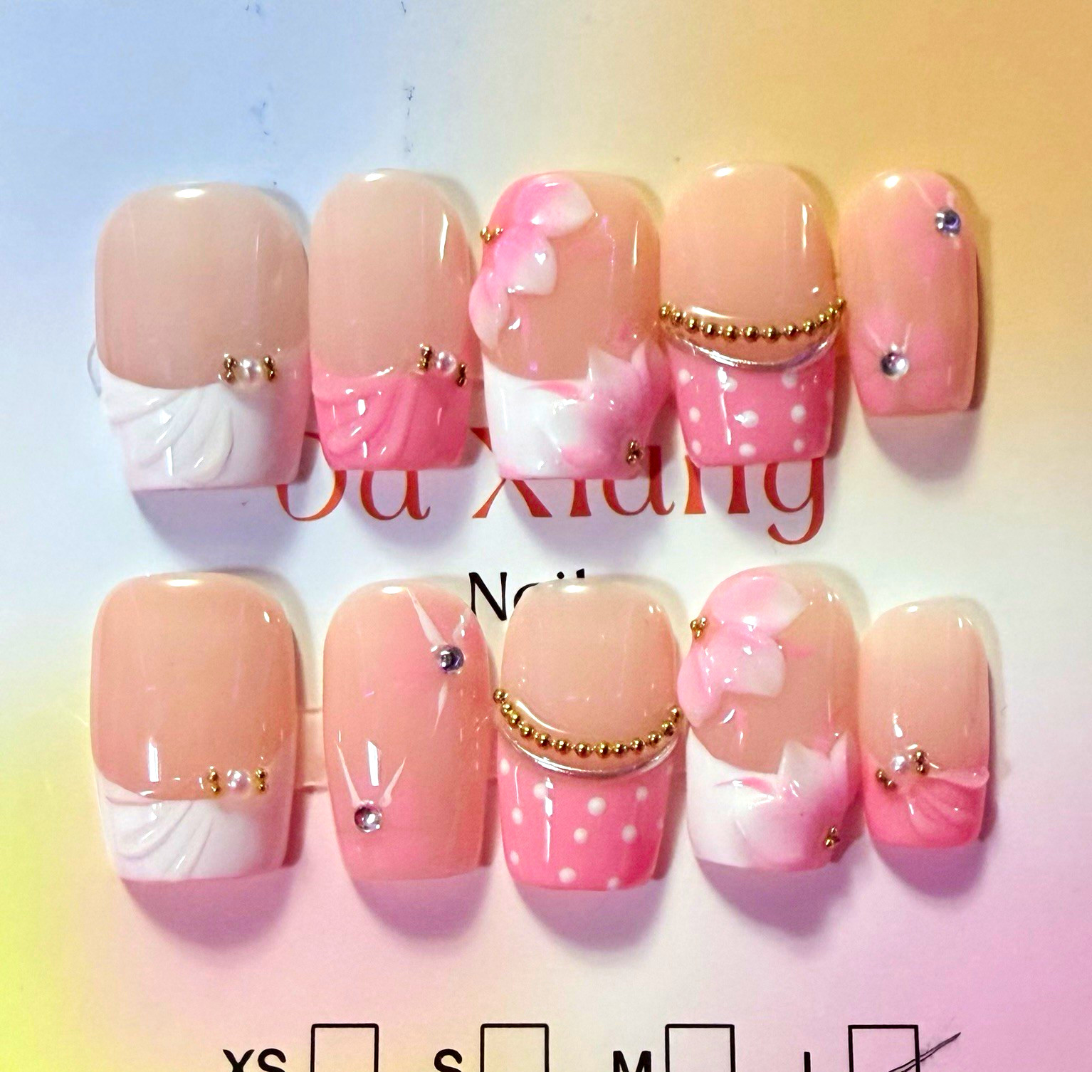 Pink/White 3D Bow Square Press-On Nails, Long, Size large
