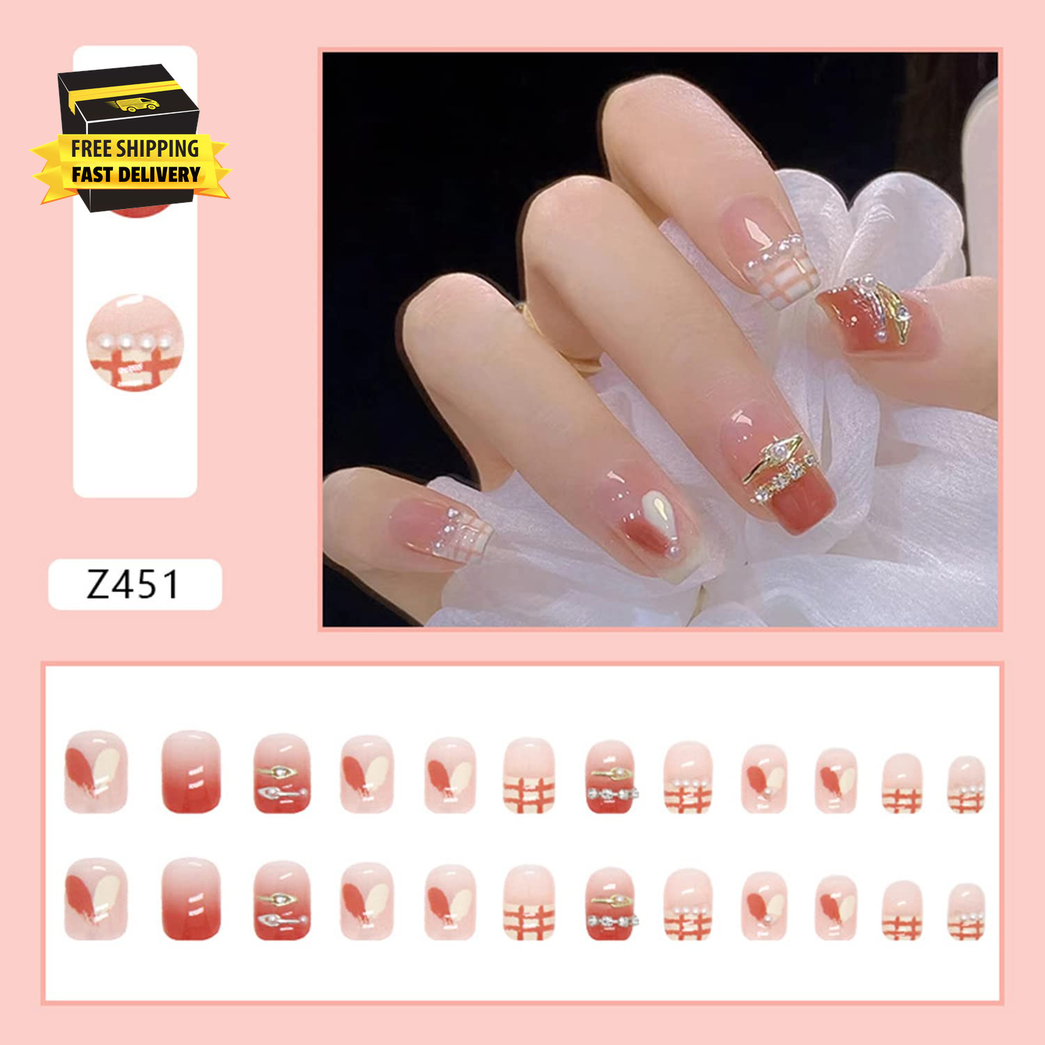 Rhinestone Artificial Fake Nails, 24Pcs Reusable Full Cover False Nails Kits for