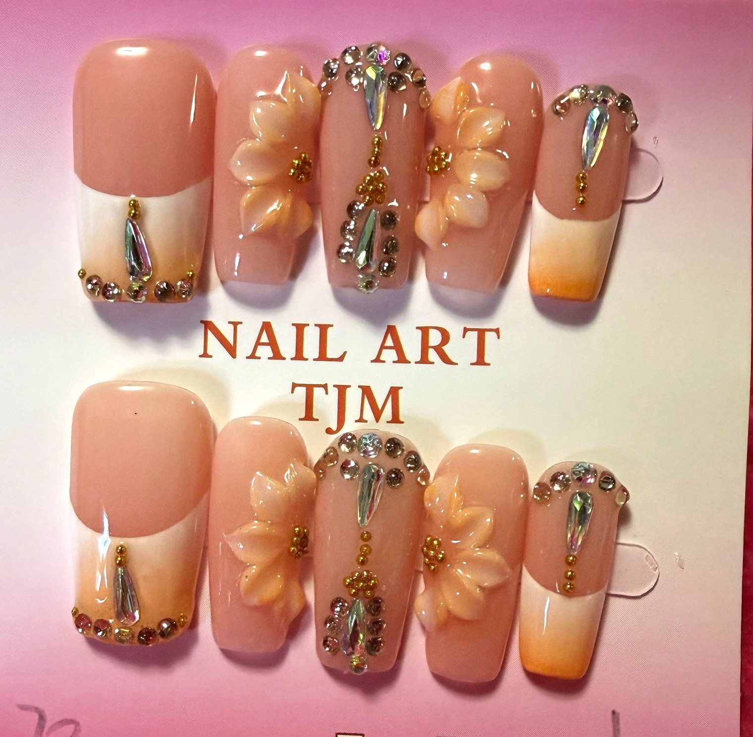 Pink/White 3D French Floral Square Press-On Nails, Medium, size small