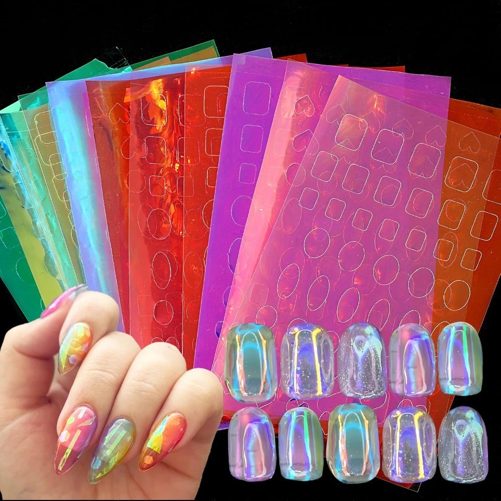 Aurora Nail Foil Stickers Laser Holographic Nail Art Decals Iridescent Glass