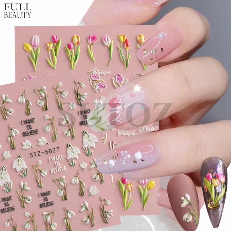 5D Embossed Christmas Snowflakes Tulip Flowers Heart Bear Nail Stickers Peel Off