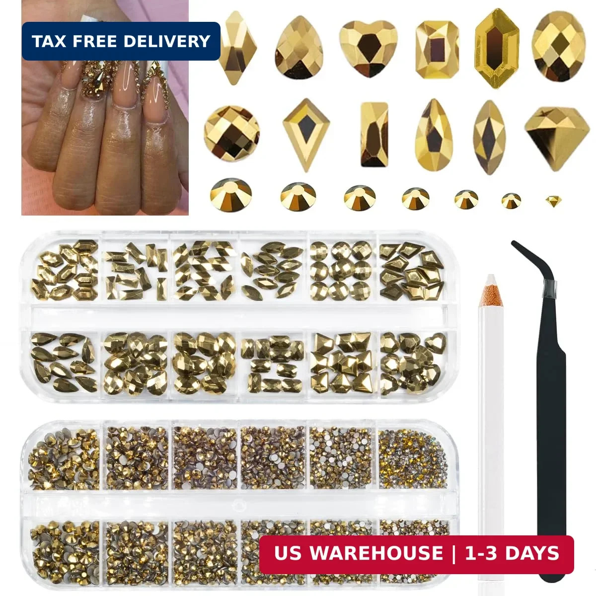 qiipii Old Golden Nail Rhinestones 120 Multi Shapes Flatback Gems K9 Glass Stone