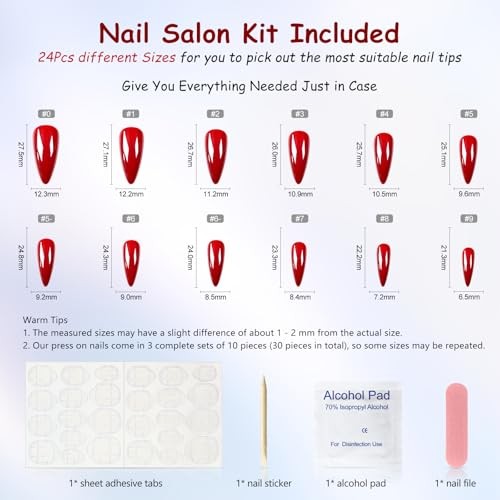Glossy Red Press on False Nails Medium Long Stiletto Fake Nails Salon L6318