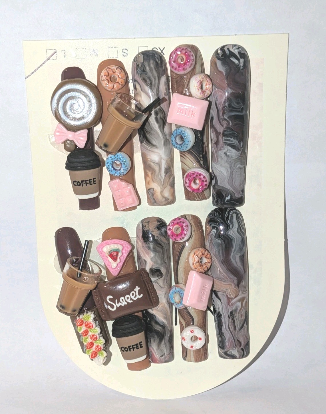 Hand Crafted 3Xl Java Marble Brown & Pink 3D Dessert Press-On Nails Sz Large