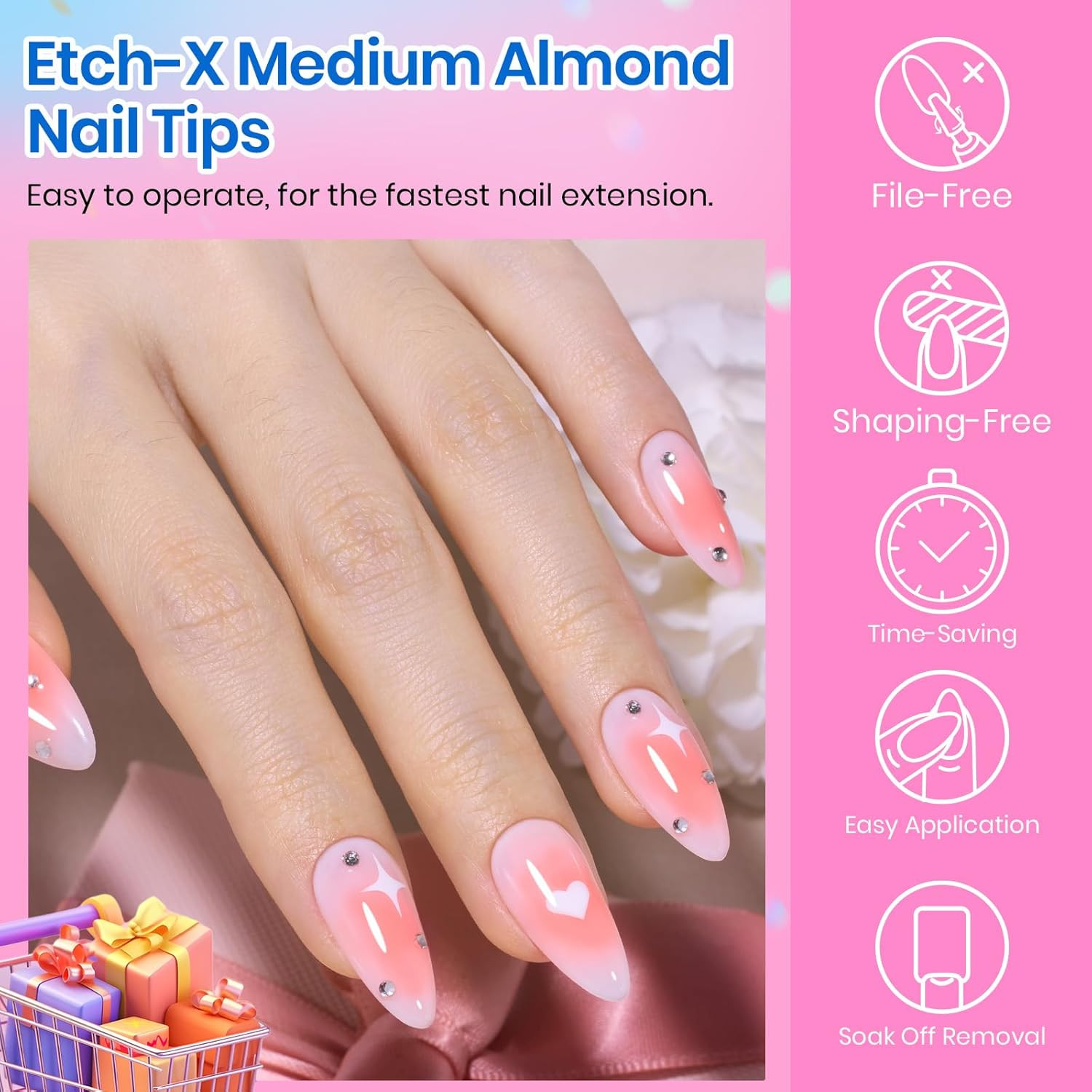 Beetles Medium Almond Nail Tips 576Pcs 12 Sizes, Pre-Etched Soft Gel Nail Tips H
