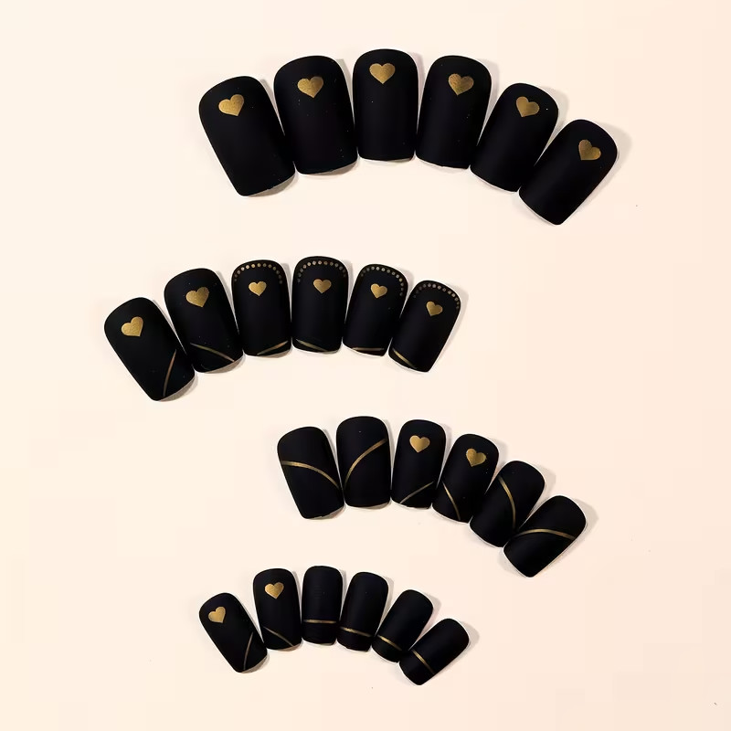 24pcs Black Matte Press-On Nails, Medium Square,with Gold Heart, Stripe, Elegant