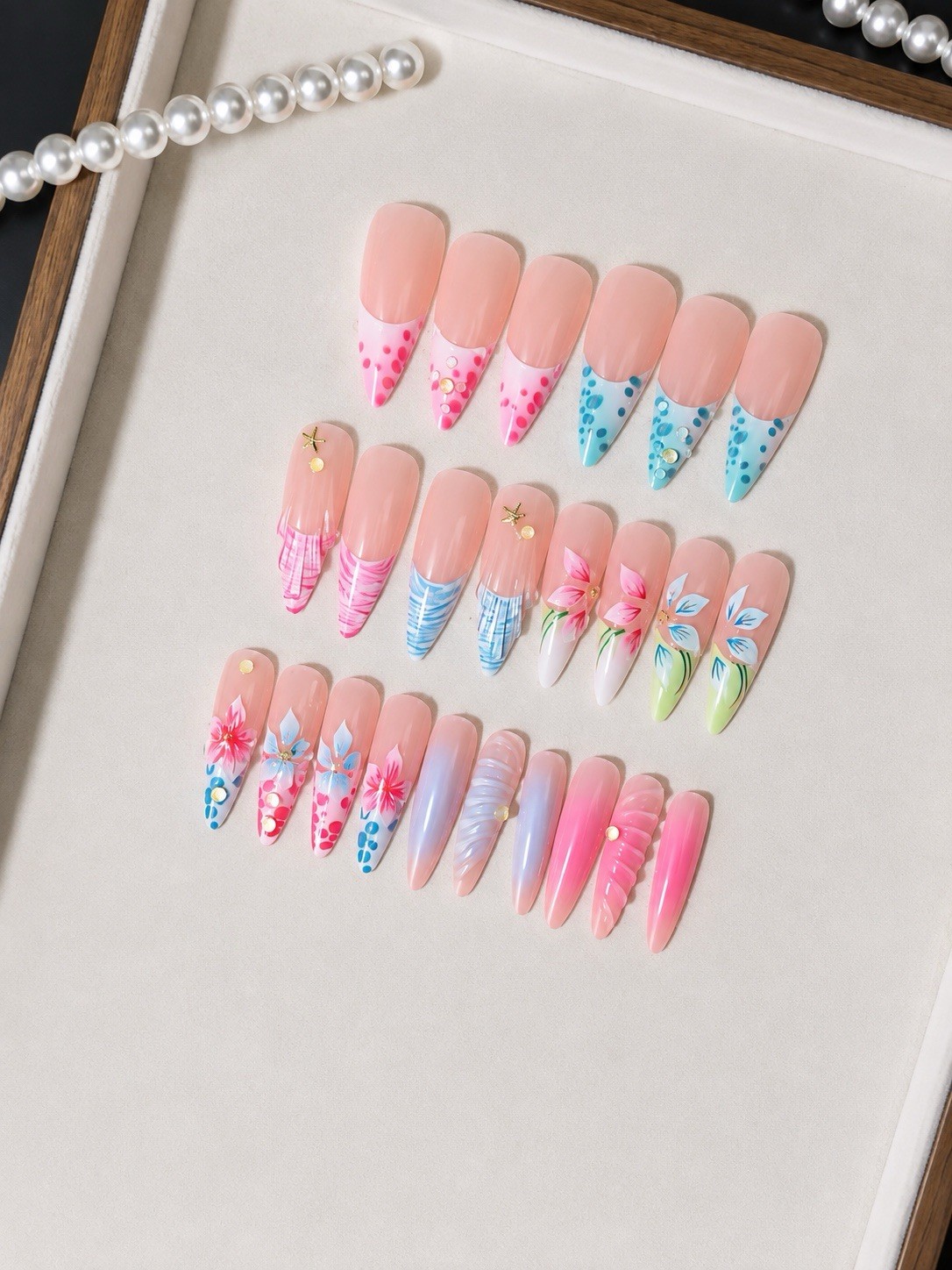 Beautiful Nail Long Stiletto Press-On Nails 3D Floral Multicolor Full Cover