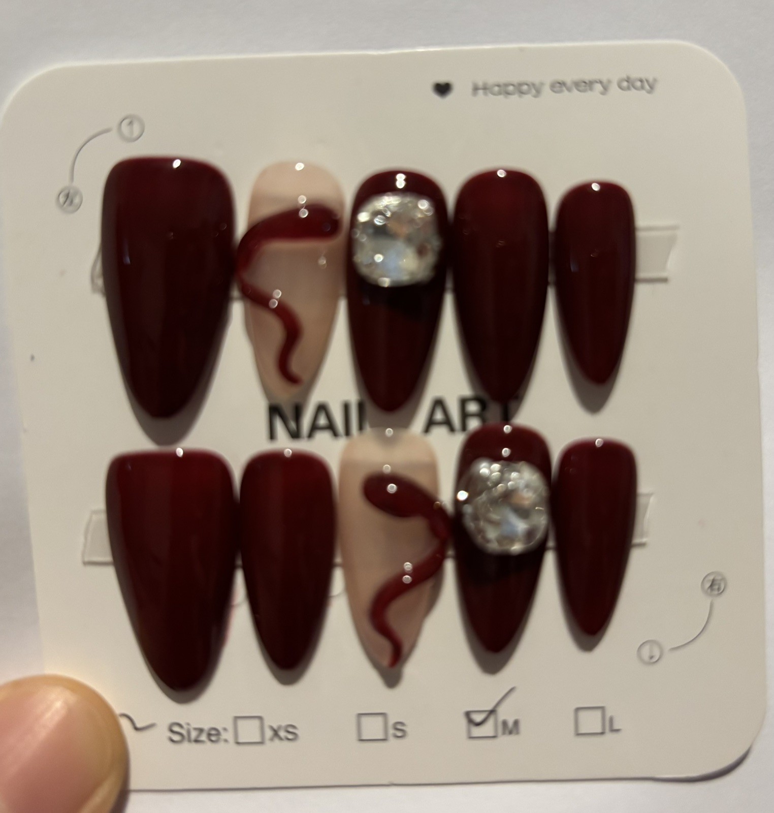 ⁠Dark Red Blood Press On Nails Halloween Glam Rhinestone Accent Long Stiletto⁠ M