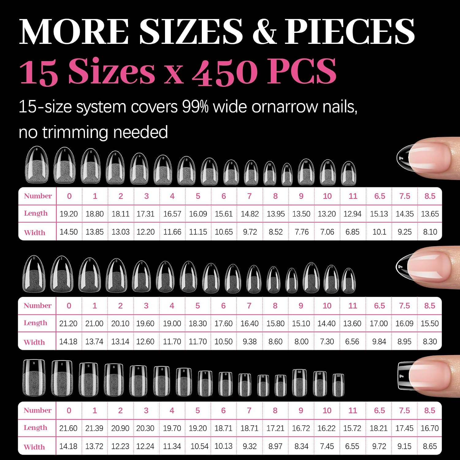 450PCS Short Almond & round & Square – 3 Styles Nail Tips, 70-Grit Pre-Etched Pr