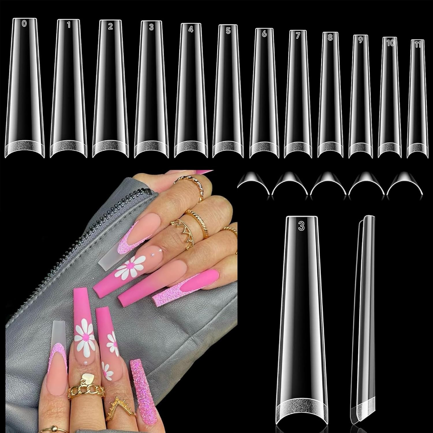 XXL Nail Tips Square 120 Pcs 12 Sizes – No C Curve Flat Square Pre-Buff 2XL Half