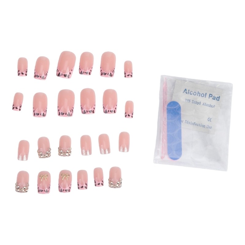 24 Pieces French Tip Nail Press On Nail Short Square False Nail With Rhinestones