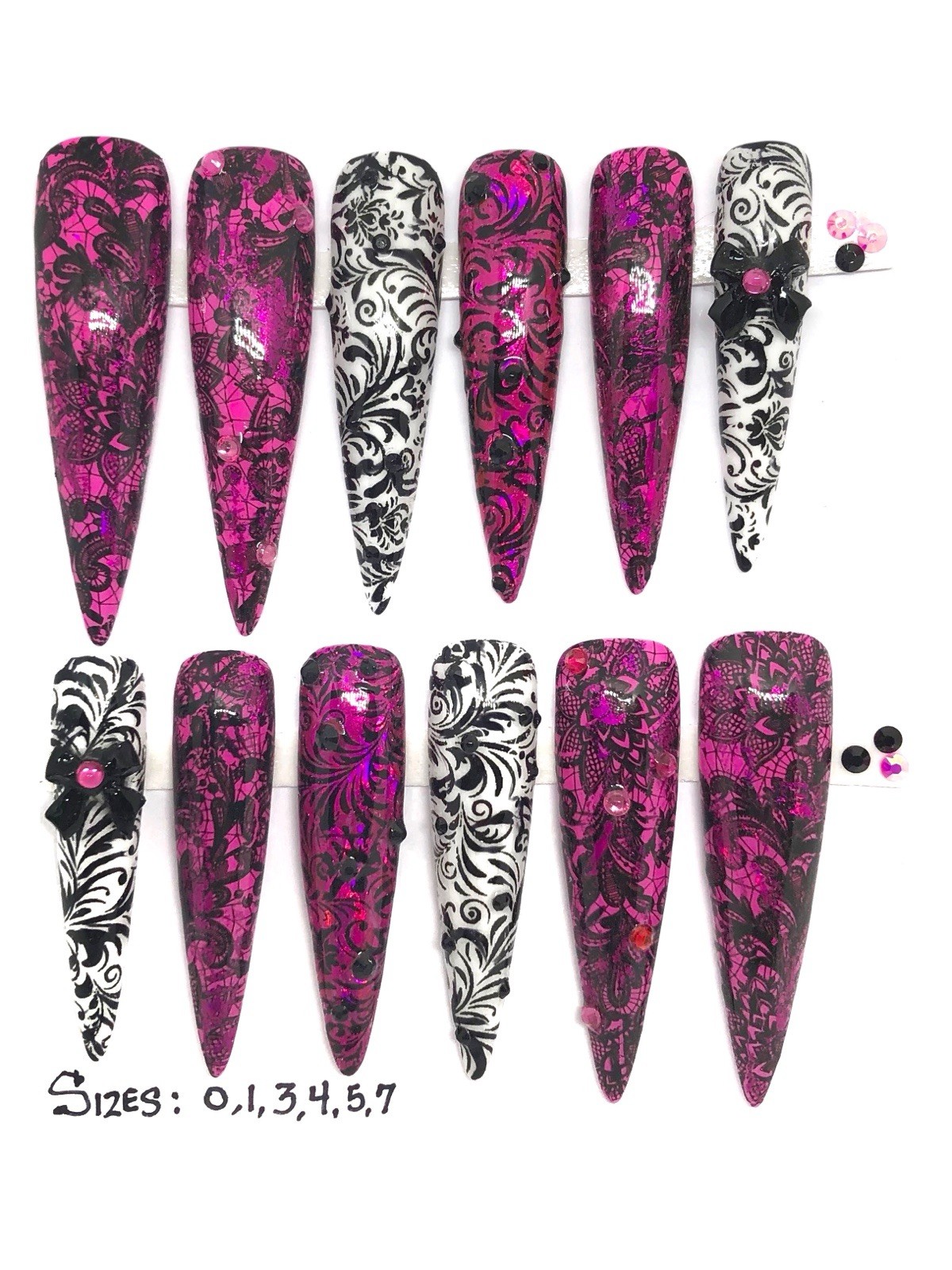 Handmade Custom Press On Nails 2X Length Stiletto Pink White Black Lace Nails