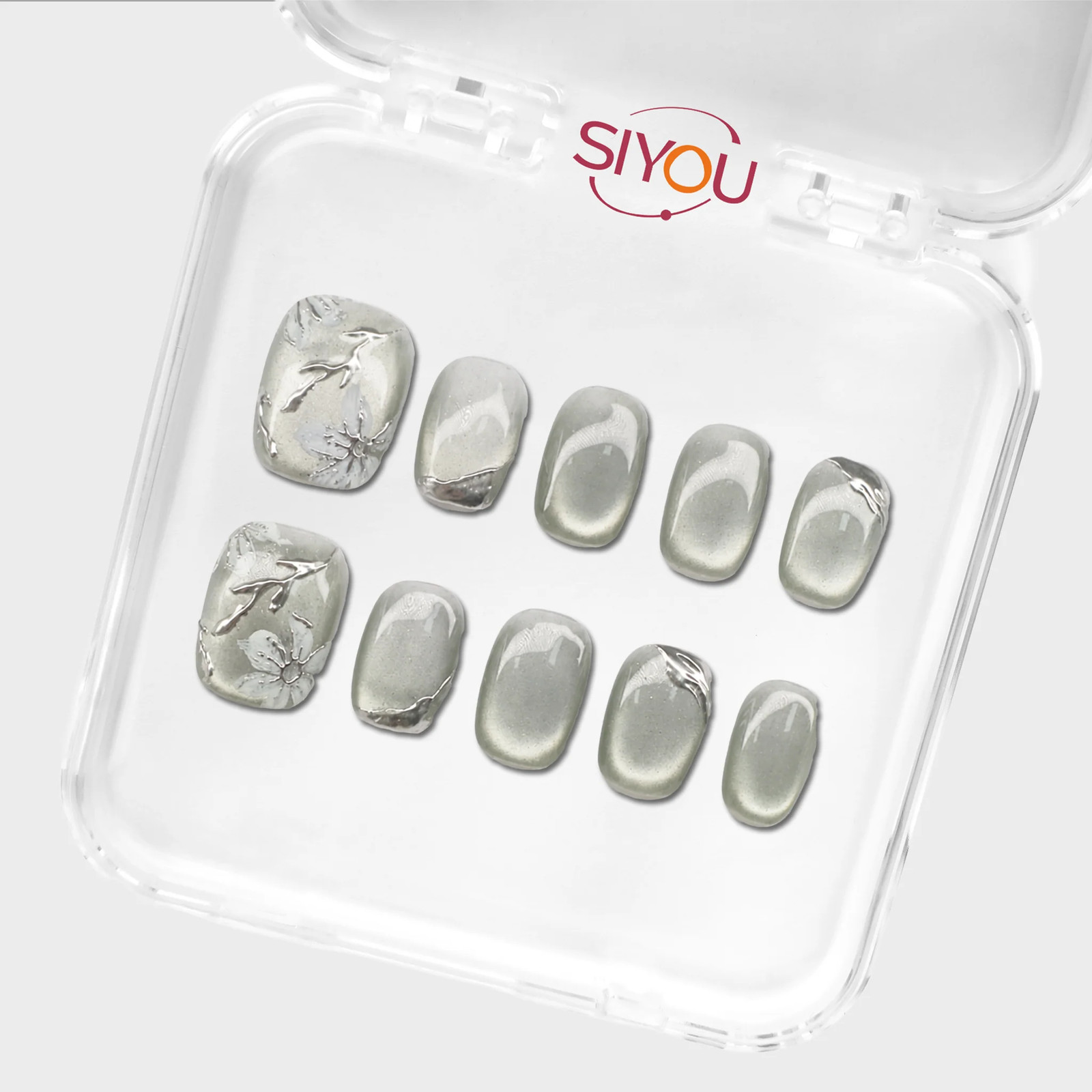 SIYOU Steel Magnolia Short Squoval Silver Floral Press-On Nails 10pc