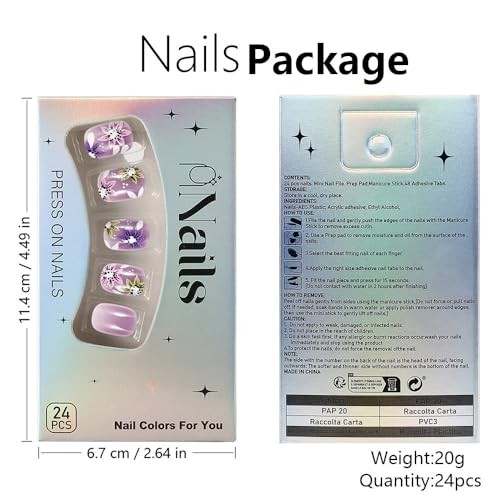 Purple Press on Nails Fake Nails with Yellow Short Square Yellow Pink Purple