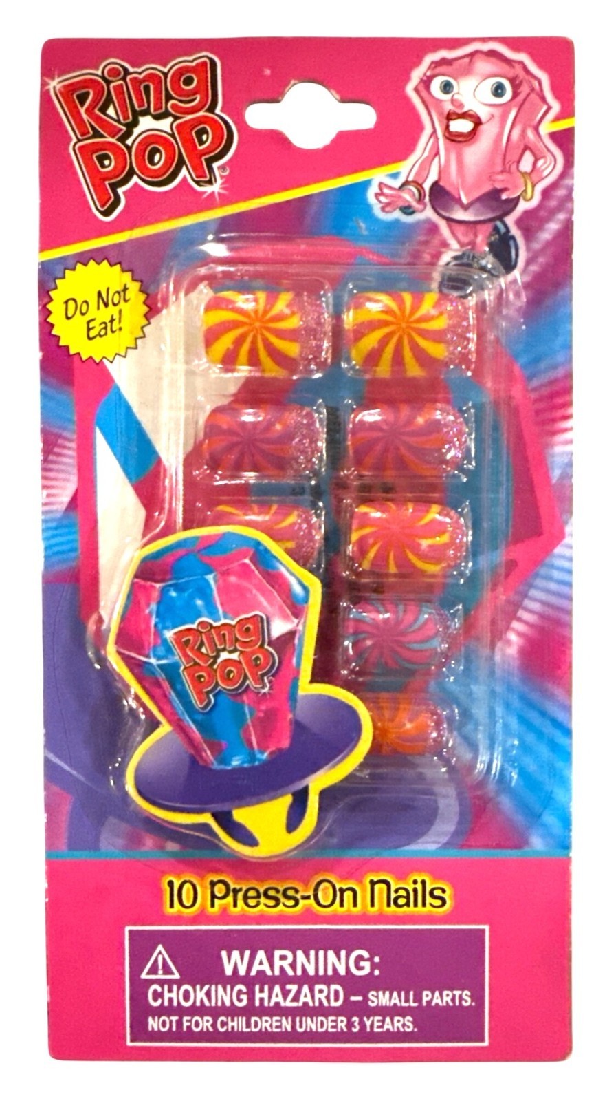 RING POP 10 Press-On Nails Pink+Lavender+Orange+Blue+Yellow SWIRLS Candy Design