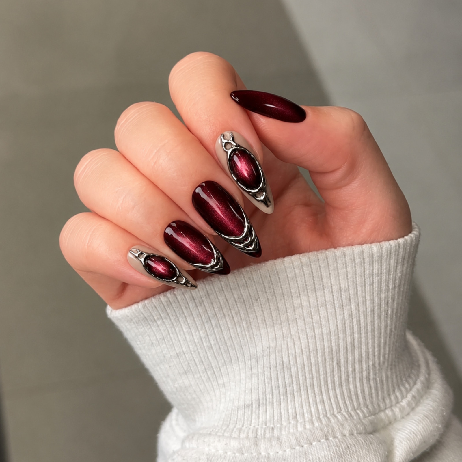 Handmade Red Chrome 3D Press-On Nails Metallic Gothic Nail Set