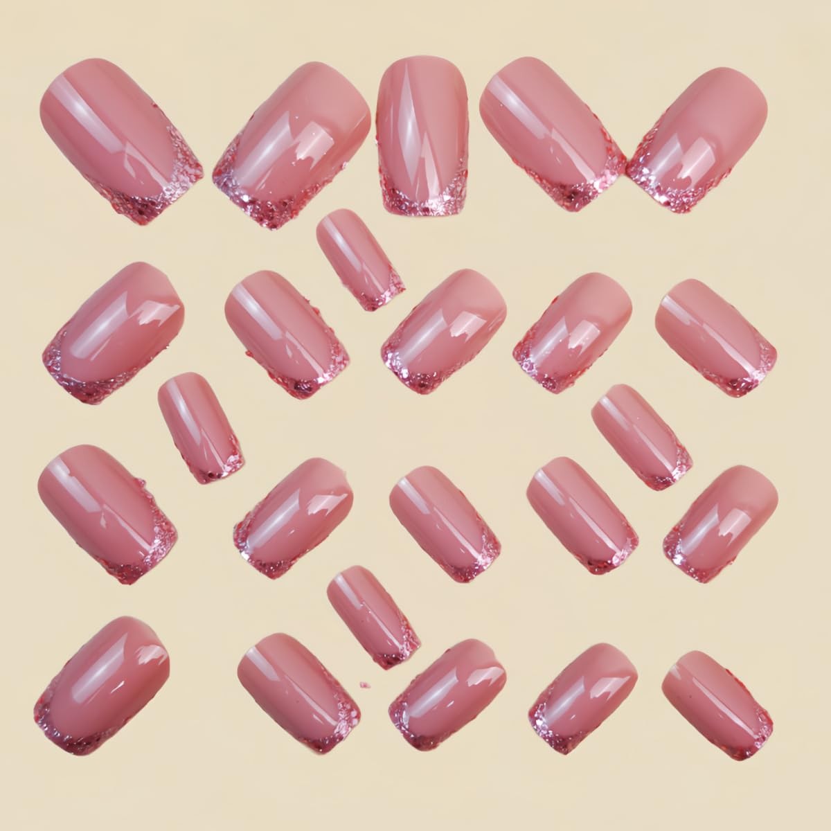 Press on Nails French Tip Fake Nails Short Square False Nails Pink Glitter Ac…