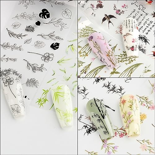 10 Rolls Flower Nail Foil Transfer Sticker Kit Bamboo Ink Painting Pattern