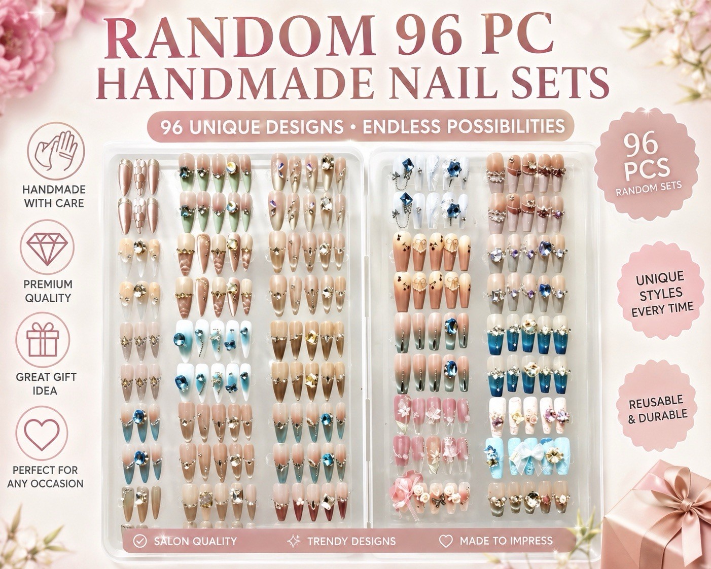 96pcs random press-on nails. 2000’s style. almond/ ballerina/tapered square/more