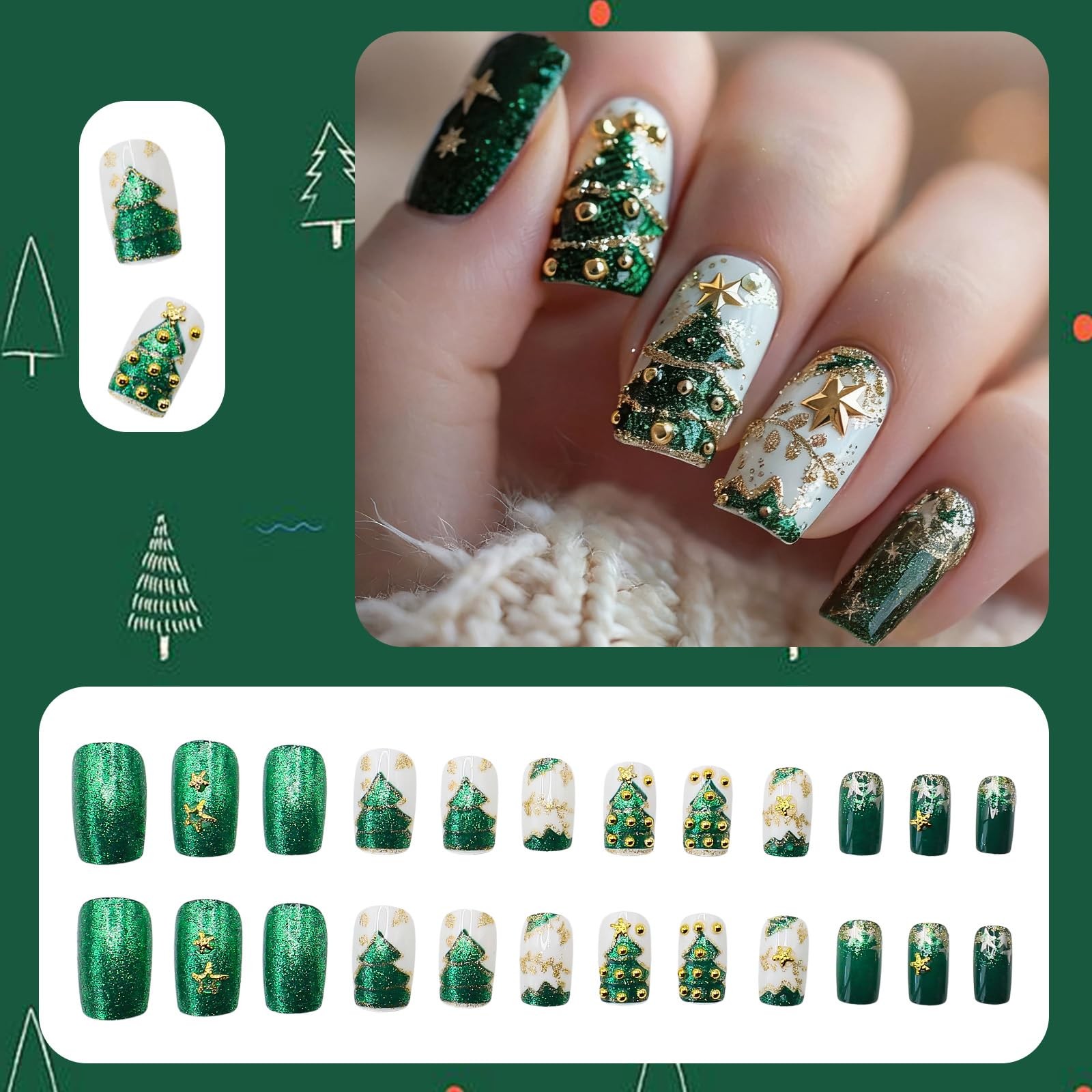 Christmas Press on Nails Medium,Green Square Fake Nails | 3D Christmas Tree &…